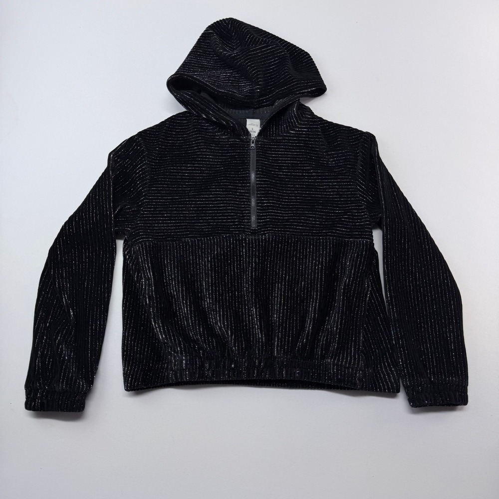 BCG Girls Large 12-14 Black Silver Metallic Stripe Corduroy Quarter Zip Hoodie